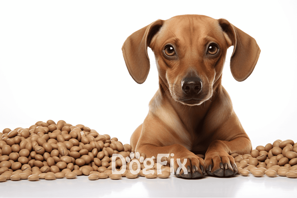Dog sitting among soybeans with a curious expression.