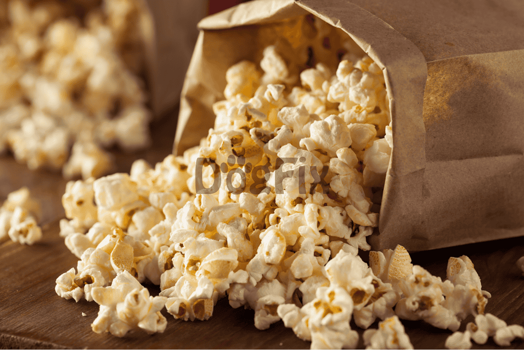 Golden popcorn spilling from a paper bag on a rustic wooden table, ideal for healthy dog treats and snacks from Dogfix.com.