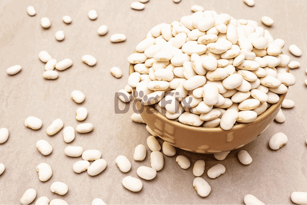 All-natural white bean dog treats in a bowl with scattered beans.