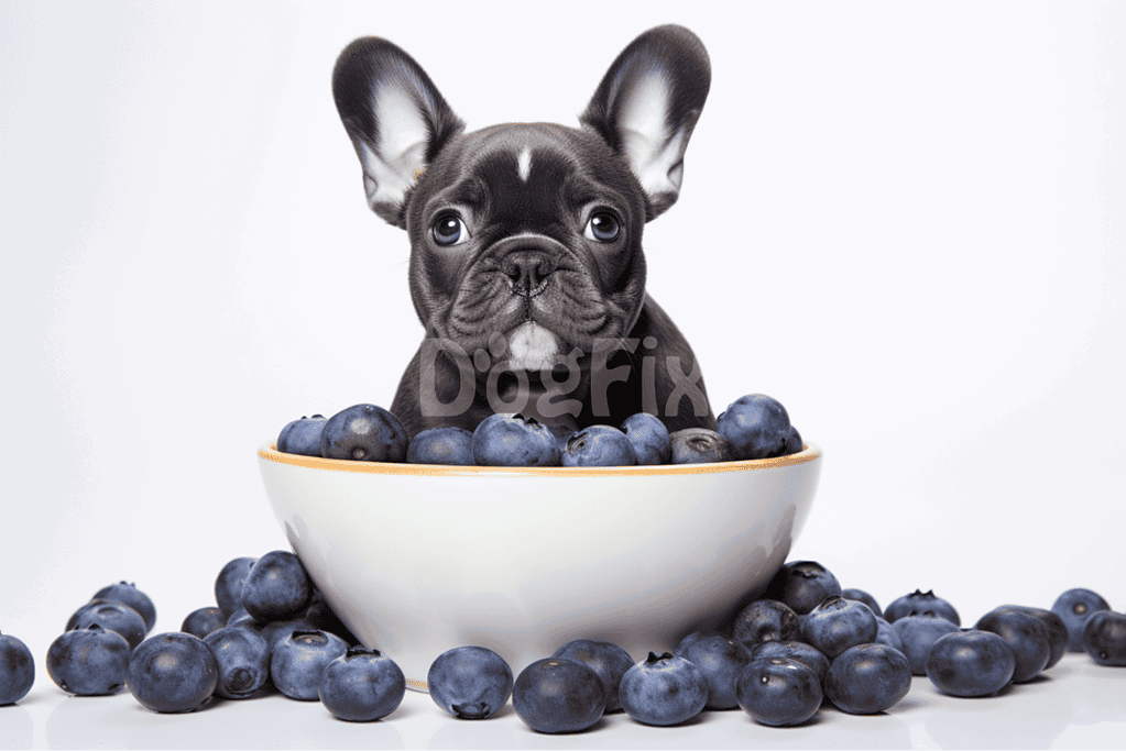 Adorable French Bulldog puppy sitting in a bowl filled with blueberries, emphasizing healthy dog snacks and pet nutrition.