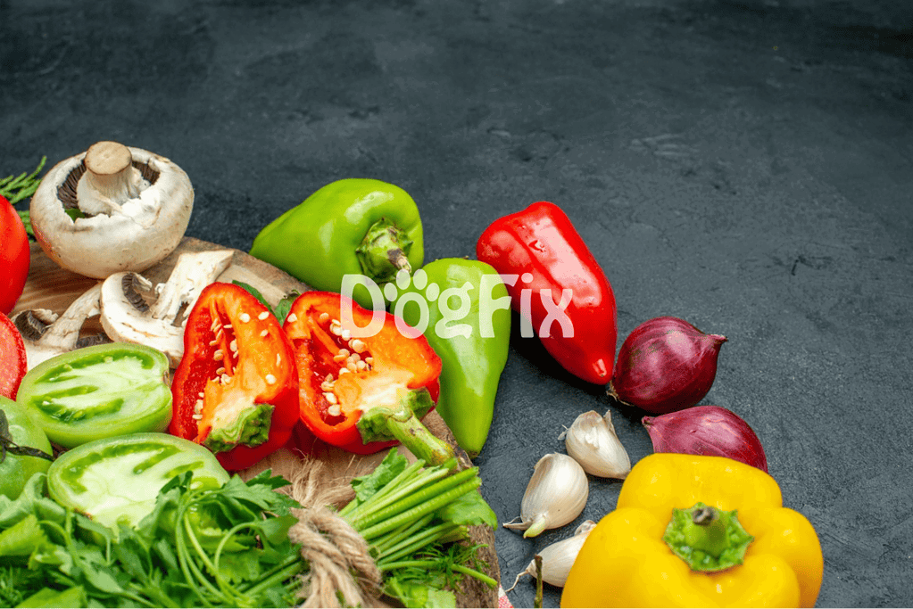 Delicious vegetables like bell peppers, mushrooms, garlic, and herbs for a nutritious dog-friendly meal.