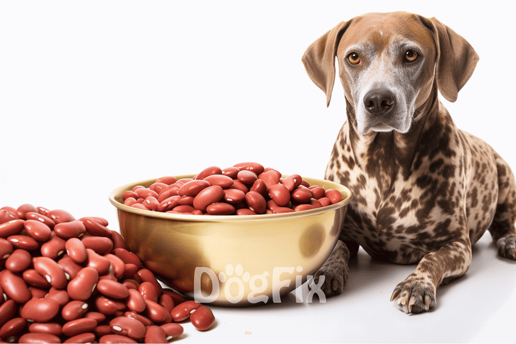 Dog with bowl of red beans, promoting healthy pet diet, nutrition tips for dogs.