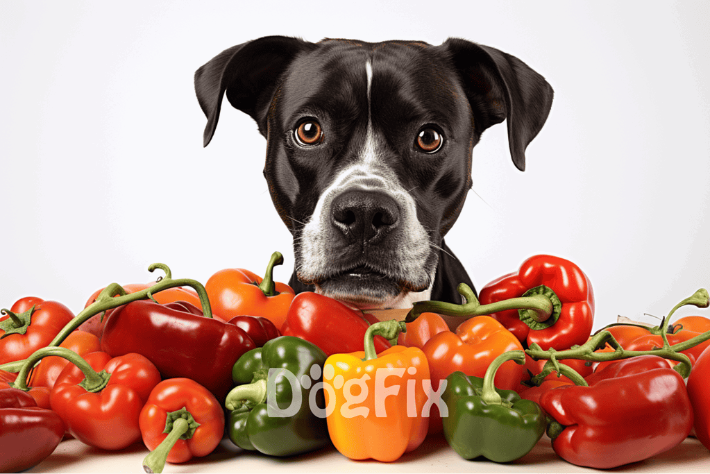 Dog with bell peppers, healthy dog food, canine diet, nutrition, pet wellness.