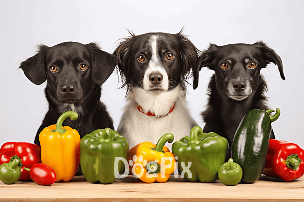 Cute dogs with colorful vegetables on a wooden surface, promoting dog food and nutrition.