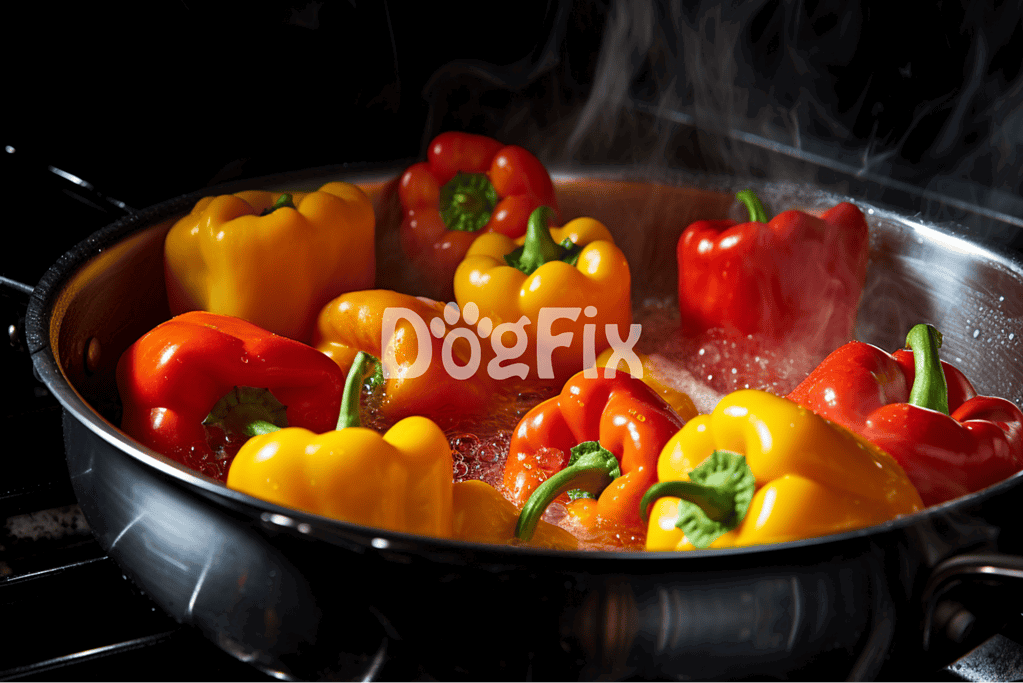 Bright red and yellow bell peppers steaming in a skillet, ideal for nutritious dog meals.