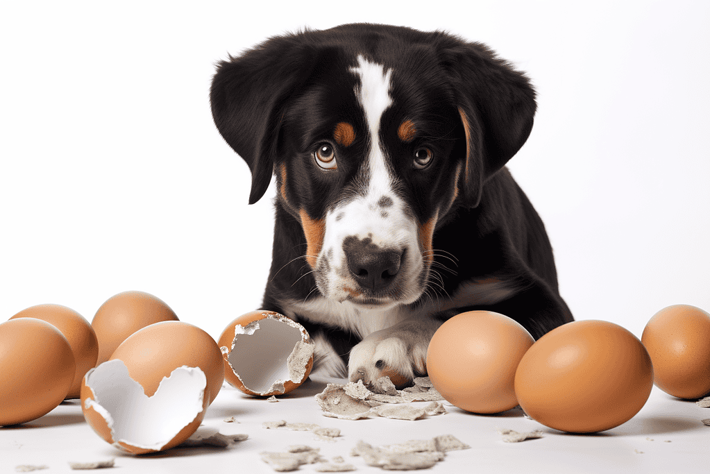 Adorable puppy with eggs and cracked shells in a white background.