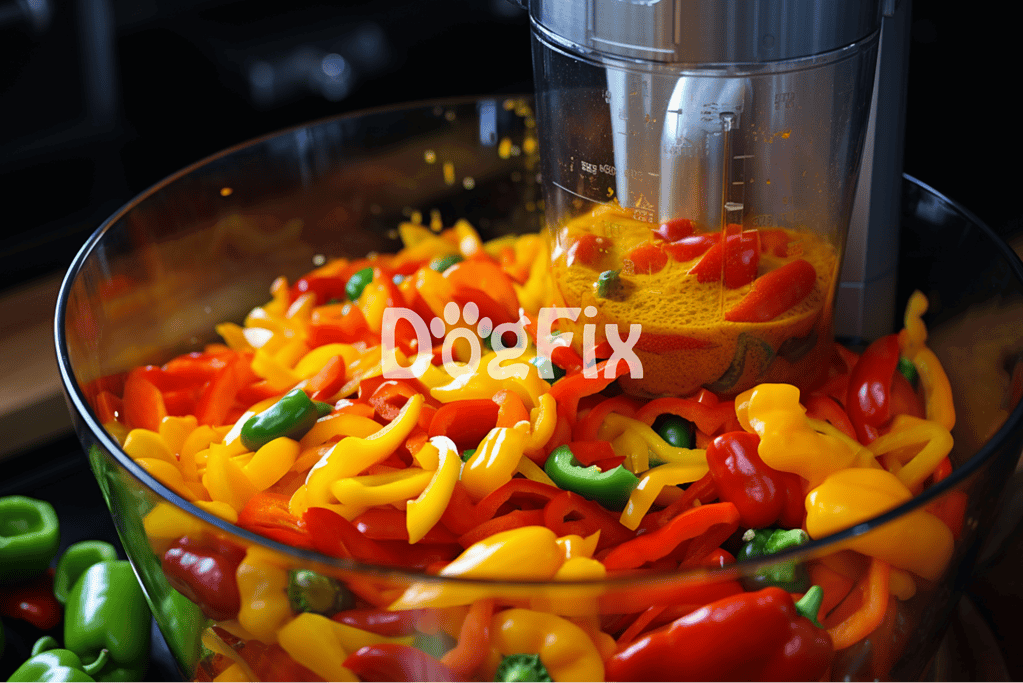 Brightly colored bell peppers in a food processor for healthy dog food recipes, promoting optimal nutrition and taste.
