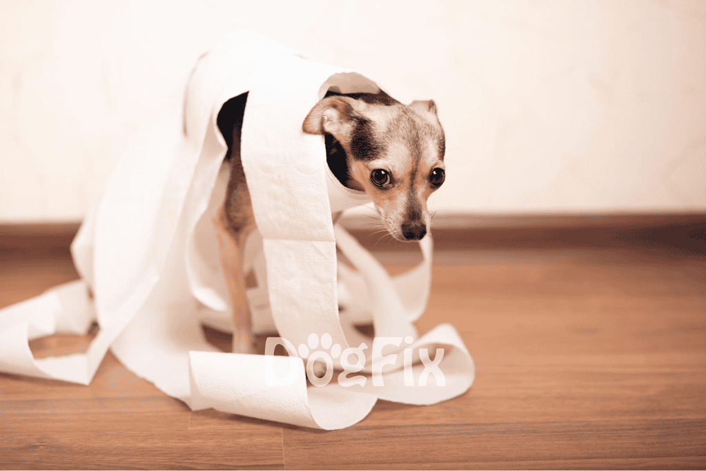 Small dog peeking through toilet paper, pet hygiene, cute puppy, playful dog care image for pet health.