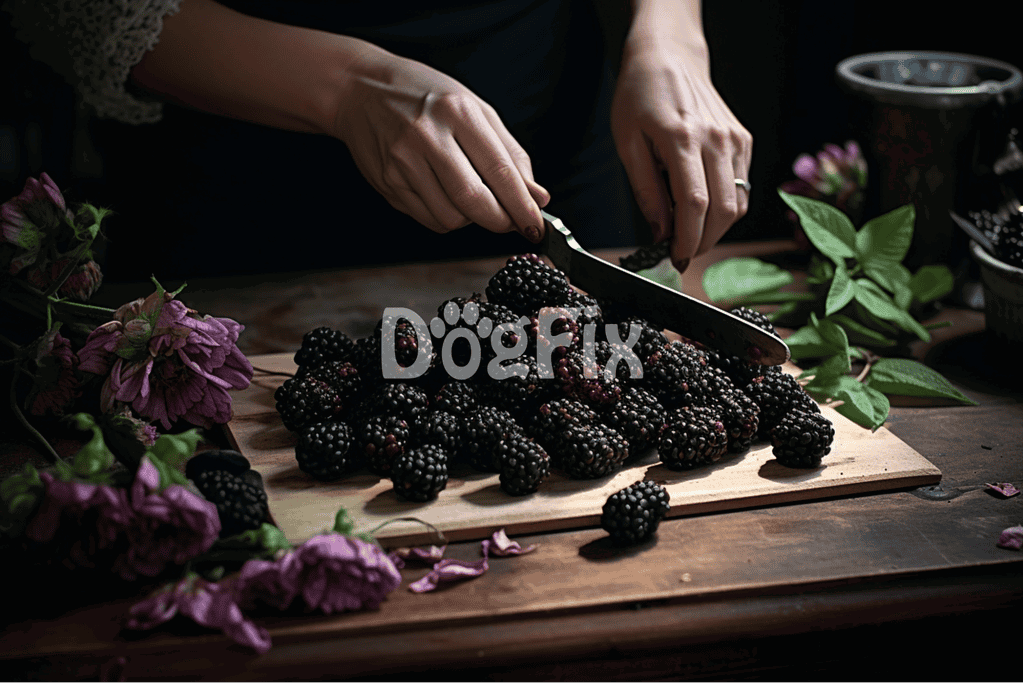 Blackberries being sliced on a wooden board with flowers and herbs around, emphasizing healthy pet treats.