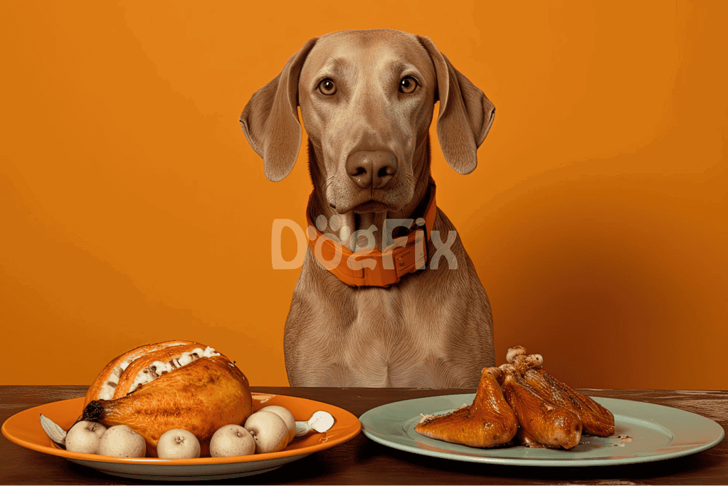 Beautiful Vizsla dog sitting in front of a Thanksgiving feast.