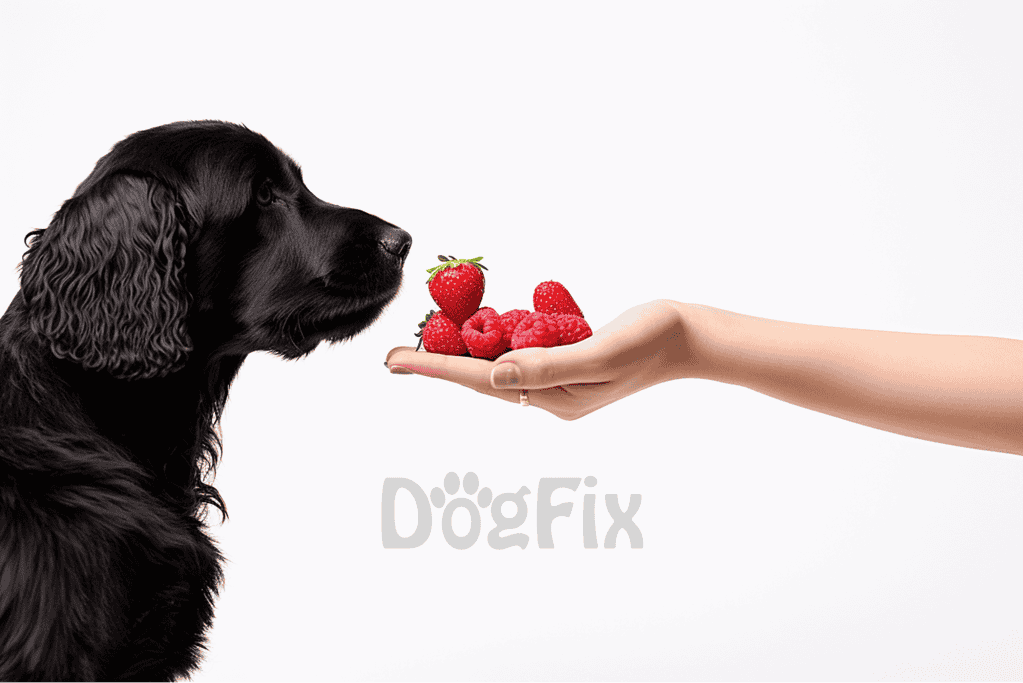 Dog and hand with strawberries, raspberries, and raspberries on white background.