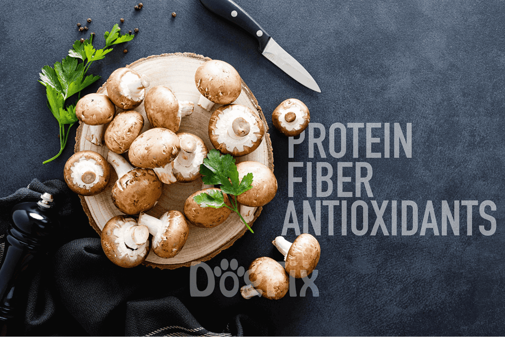 Fresh mushrooms on a wooden plate with parsley, knife, and dog leash, highlighting health benefits for dogs.