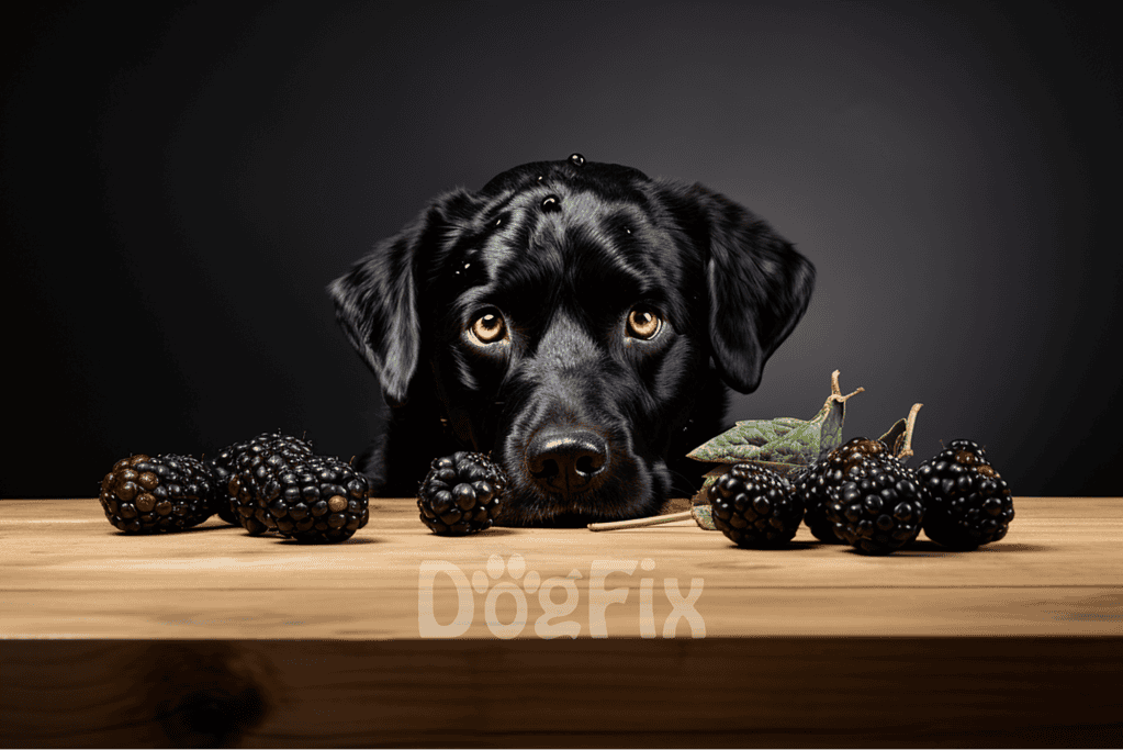 Adorable black Labrador dog with curious eyes, surrounded by fresh blackberries on a rustic wooden surface, dark studio setting.