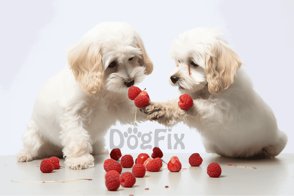 Adorable puppies with raspberries, supporting pet health and nutrition.