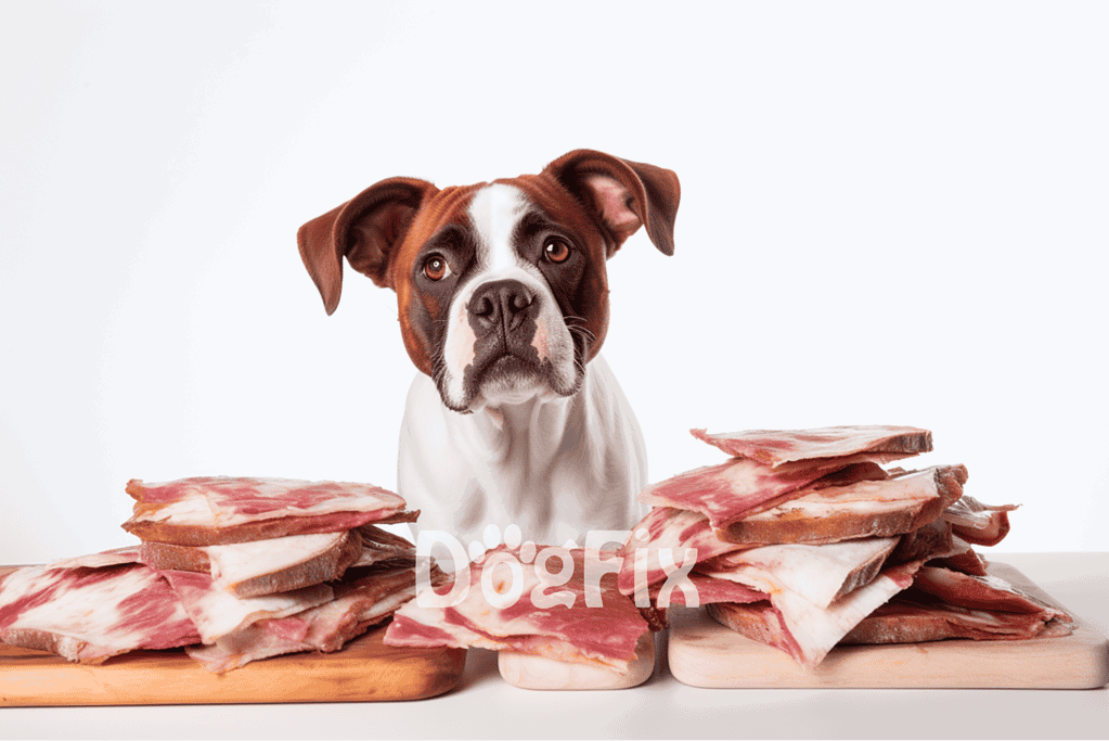 Dog eating raw meat - Pet nutrition and dietary supplements for dogs.