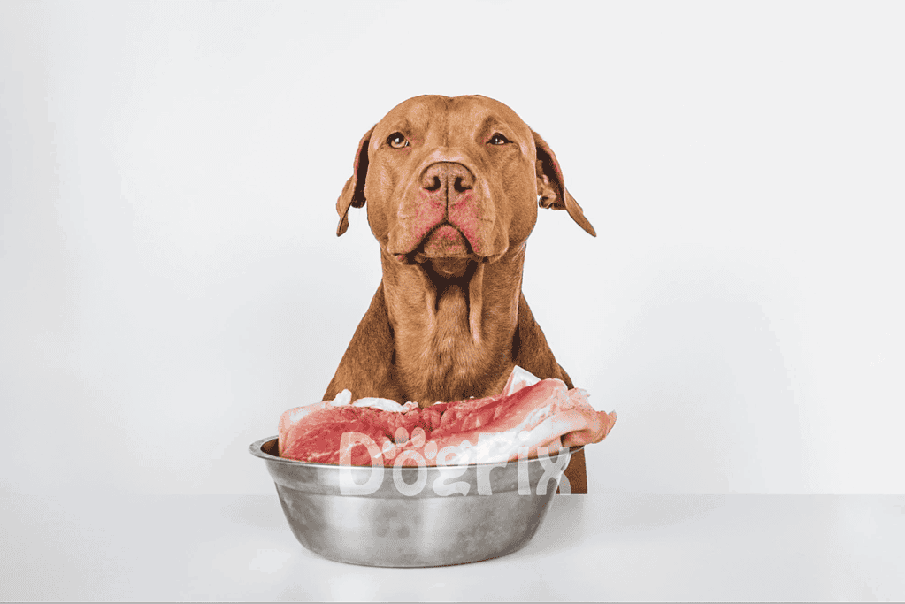 Labrador dog sitting with a bowl of raw meat, emphasizing healthy pet nutrition.