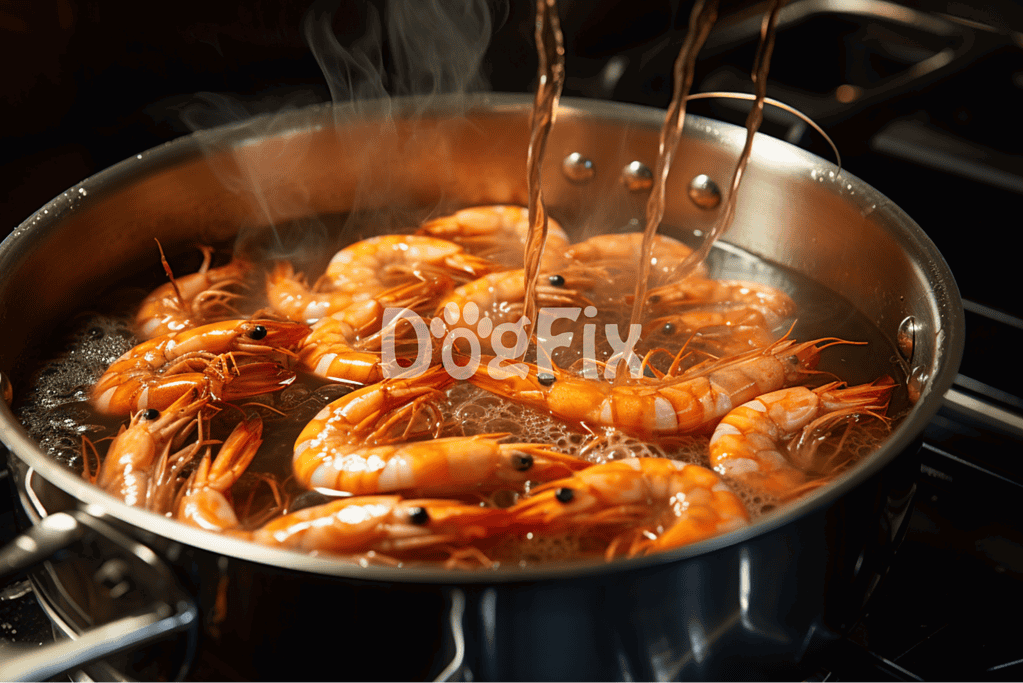 Fresh shrimp boiling in a stainless skillet, steaming hot with bubbles and aromatic vapor.