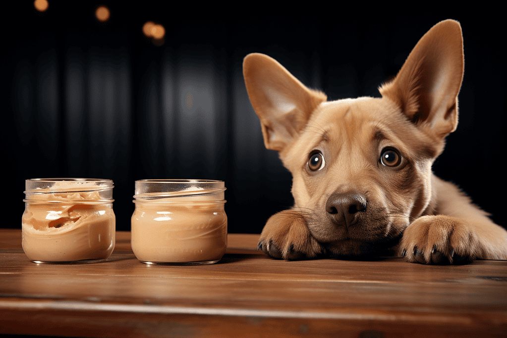 Cute puppy with jars of peanut butter treats on a wooden table.