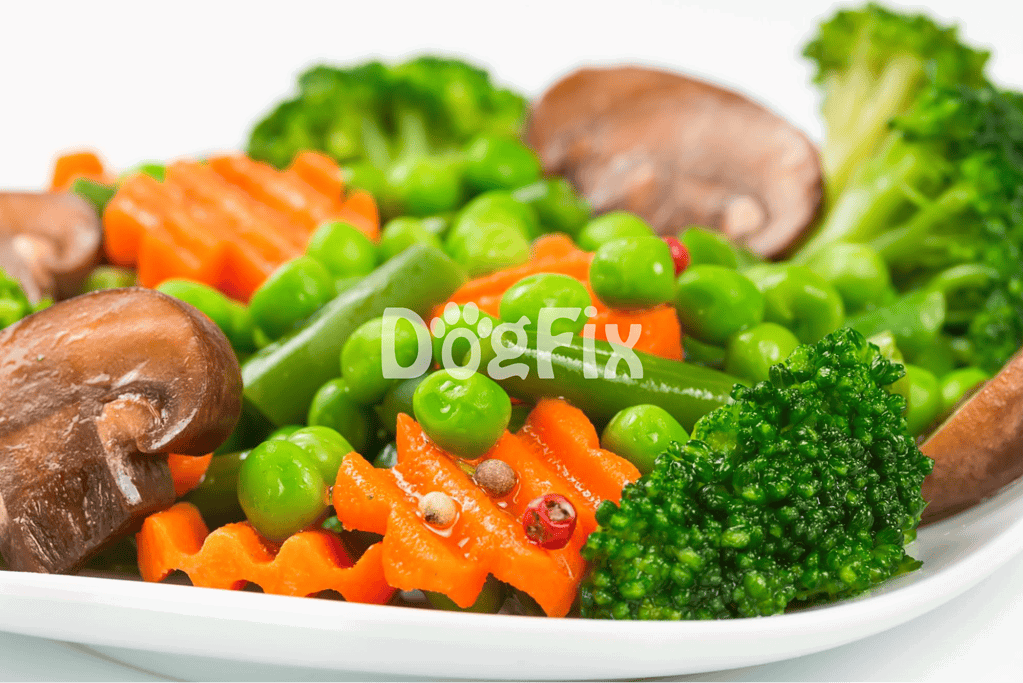 Healthy vegetable dog meal with carrots, peas, broccoli, and mushrooms for nutritious pet diet.