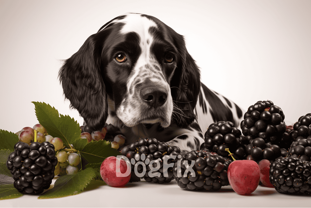 Adorable dog with black and white coat surrounded by fresh blackberries and grapes, emphasizing healthy pet treats.