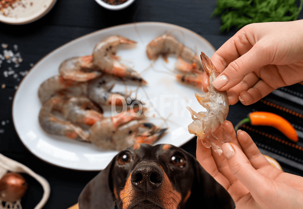 Close-up of a person's hand holding a shrimp over a plate of raw shrimp, with a dog's face looking up eagerly.