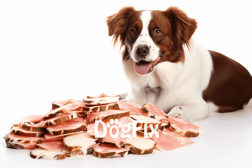 Dog with slices of raw meat for a healthy diet, promoting pet nutrition and wellness.