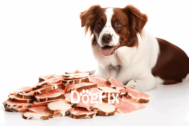 Dog with slices of raw meat for a healthy diet, promoting pet nutrition and wellness.