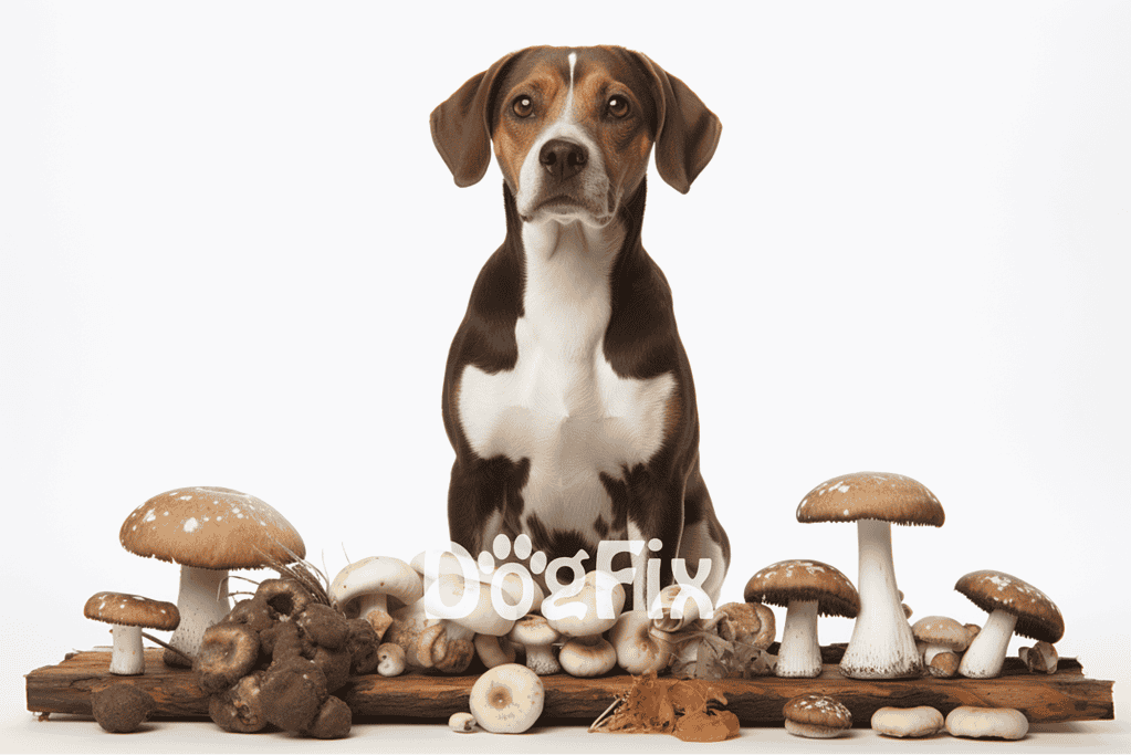 Dog with mushrooms and fungi foraging, showcasing outdoor pet safety and mushroom identification tips.