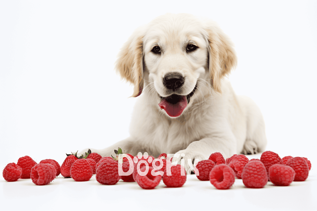 Cute retriever puppy with fresh raspberries on a white background for dog health and nutrition.