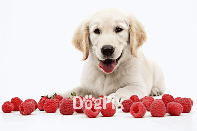 Cute retriever puppy with fresh raspberries on a white background for dog health and nutrition.