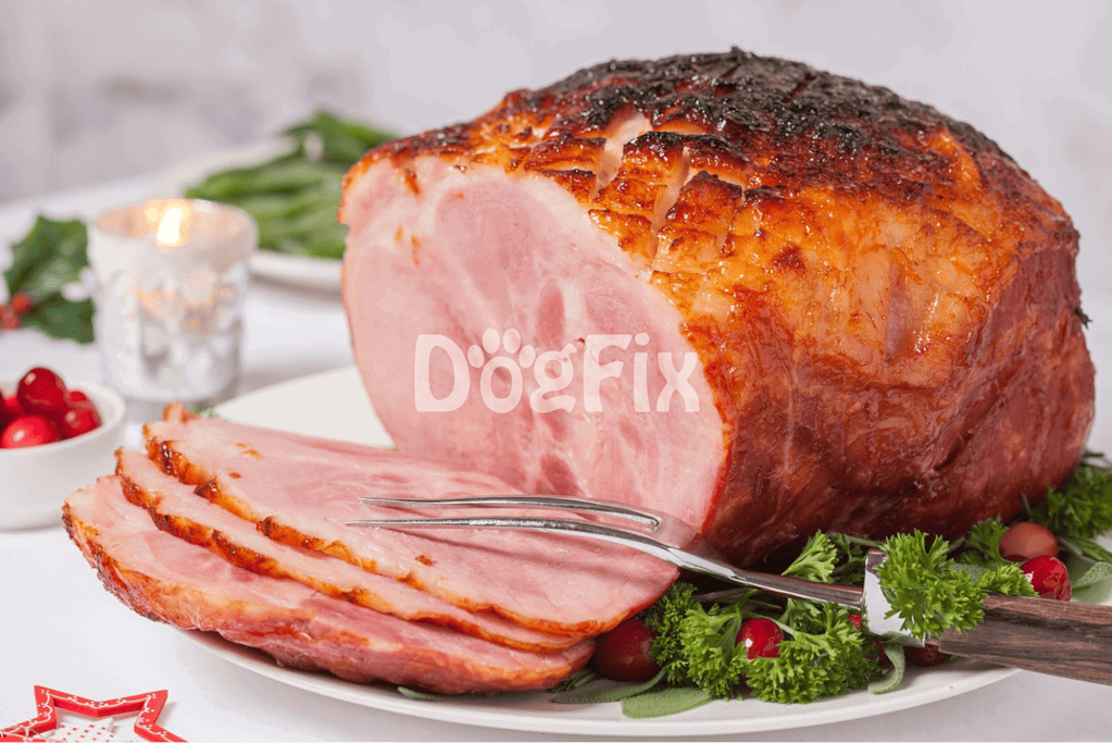 Delicious holiday ham slices on a festive white plate, perfect for dog-friendly holiday treats.