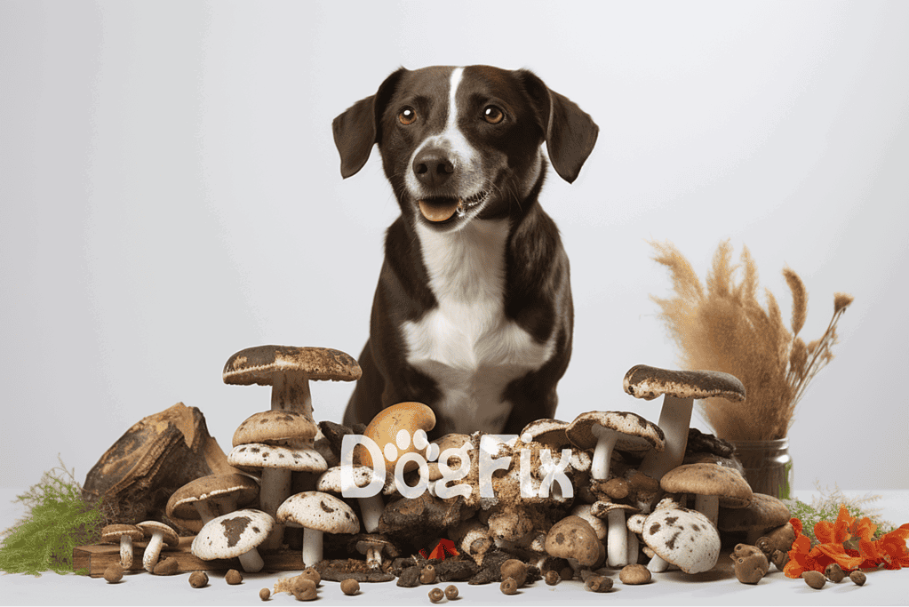 Dog with mushrooms, foraging, natural environment, fungi safety, dog wellness SEO.