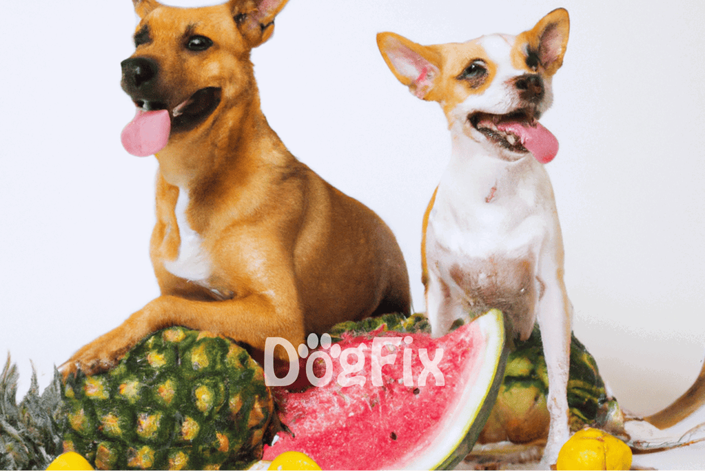 Adorable dogs with watermelons and pineapples, showcasing healthy pet treats and lifestyle.
