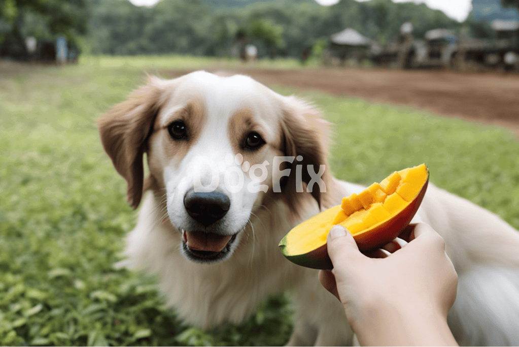 Dog eagerly eating fresh mango from owner's hand outside in a park.