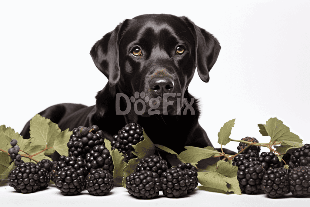 Dog with fresh blackberries and foliage for healthy treats scene.