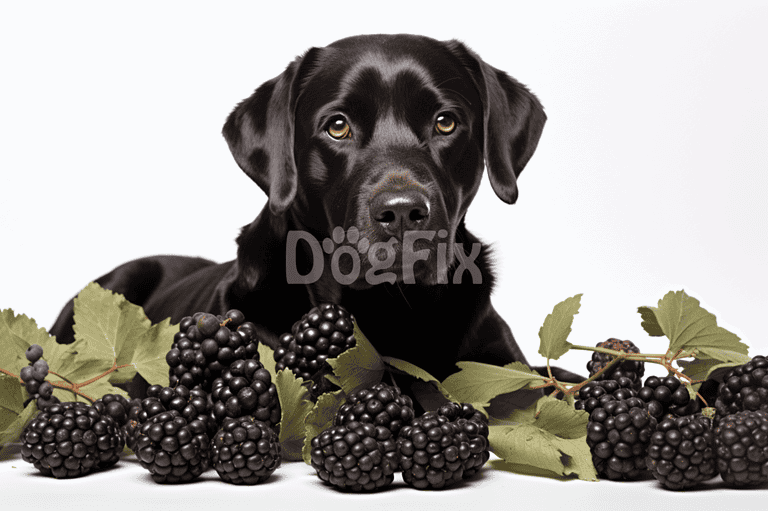Dog with fresh blackberries and foliage for healthy treats scene.
