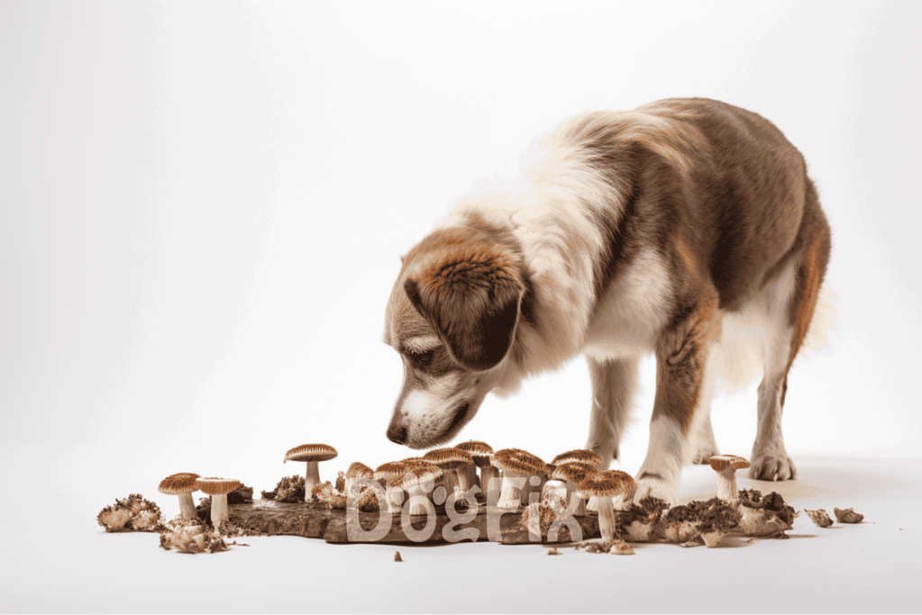 A cute dog inspecting mushroom-shaped dog toys on a white background.