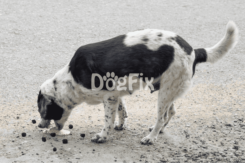 Dog playing with berries on dirt ground, outdoor scene, energetic and joyful pet activity.