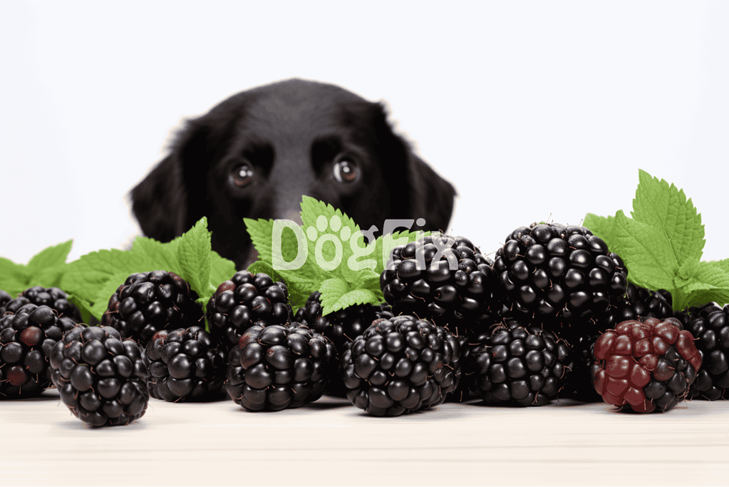 Delicious blackberries with fresh green leaves and a cute puppy behind, promoting healthy dog treats and pet nutrition.