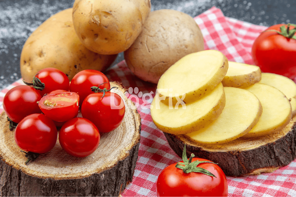 Organic potatoes and cherry tomatoes on rustic wood with red checkered cloth.