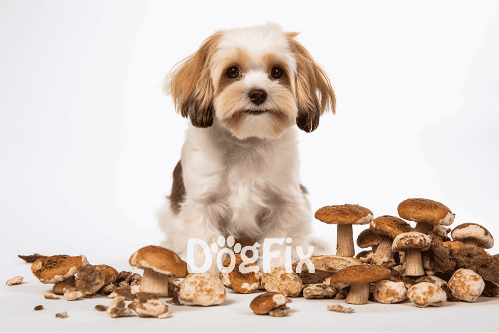 Adorable puppy sitting among wild mushrooms, ideal for pet care and dog health content.
