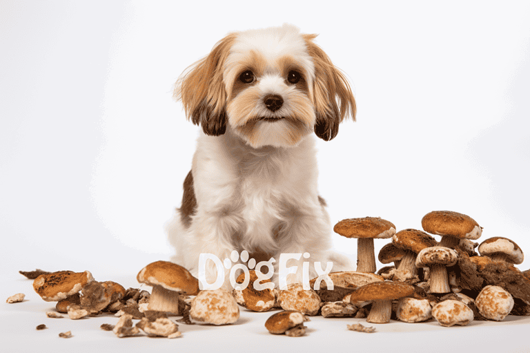 Adorable puppy sitting among wild mushrooms, ideal for pet care and dog health content.