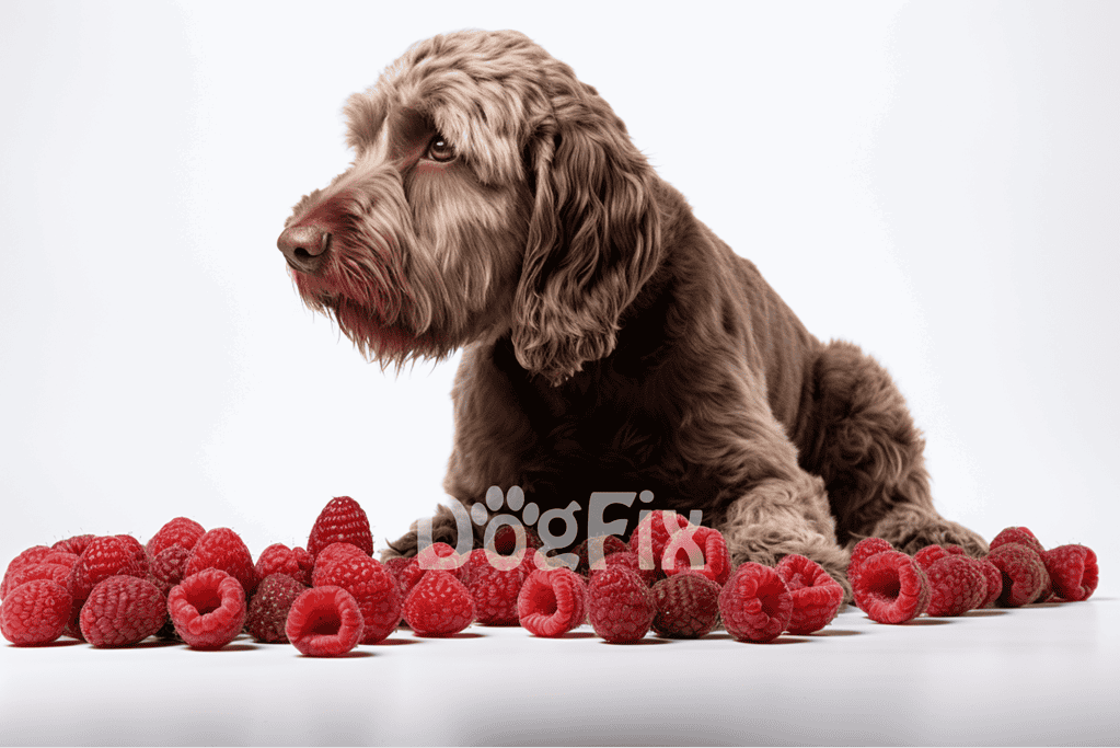 Dog sitting with fresh raspberries, promoting healthy dog treats and pet nutrition.
