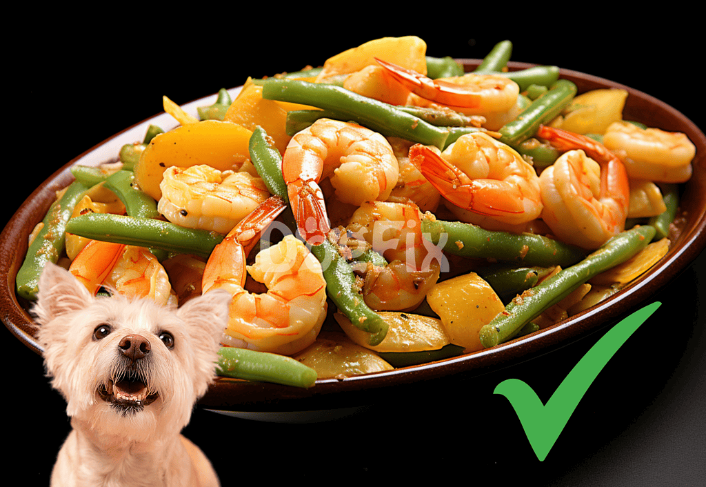 Delicious shrimp and vegetables served on a brown platter, healthy pet-friendly food option.