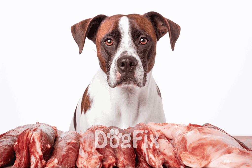Close-up of a dog with raw meat cuts on a table.