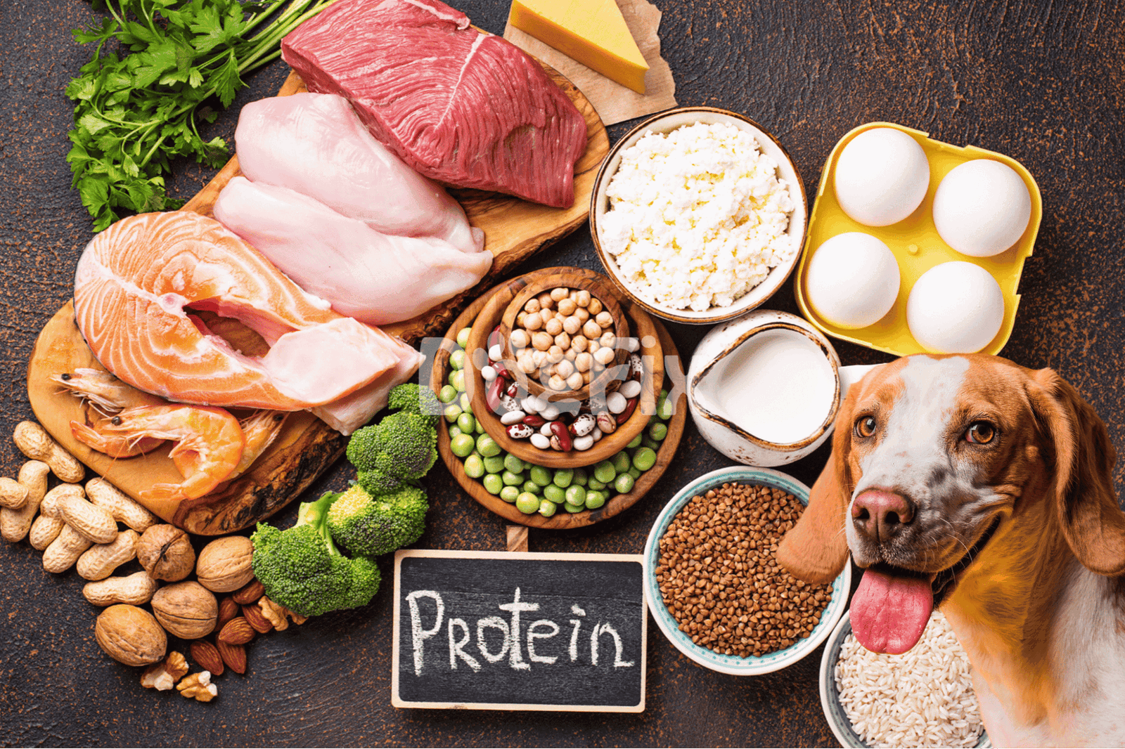 Fresh dog food ingredients including meat, eggs, and vegetables for balanced pet nutrition and optimal health.