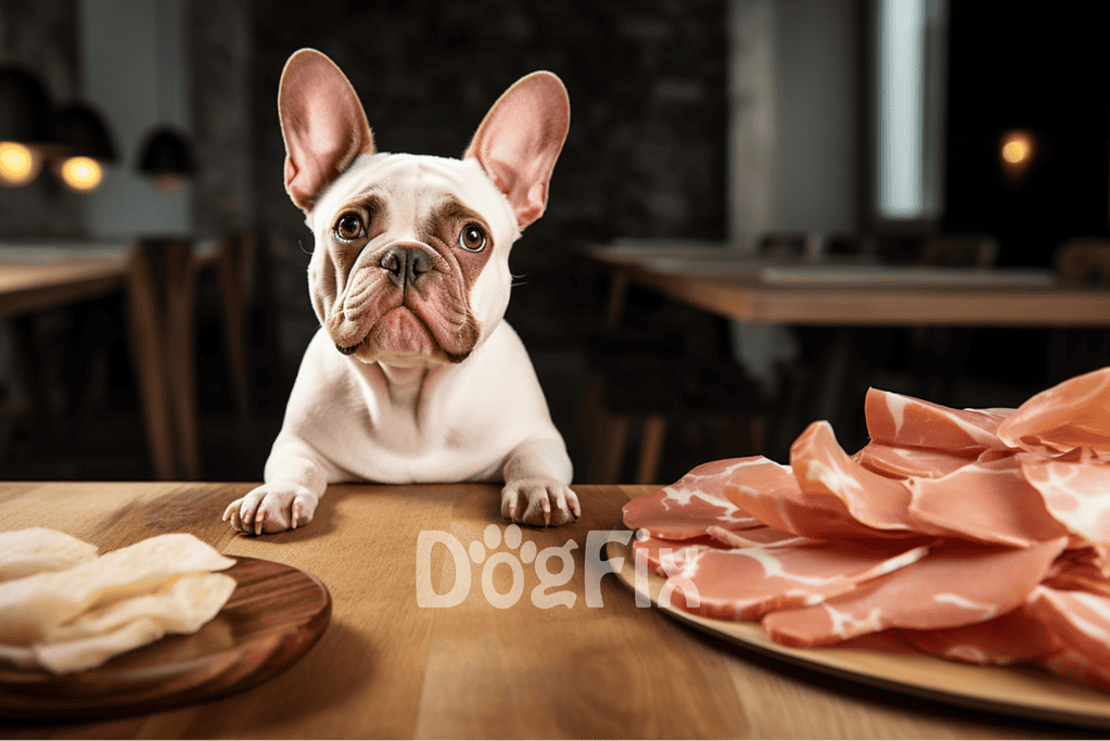Adorable French Bulldog with raw meat and cheese, perfect for dog nutrition tips.