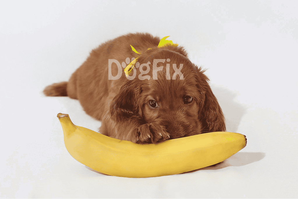 Adorable brown puppy with yellow bow lying next to a banana, cute pet moments, dog and fruit fun.