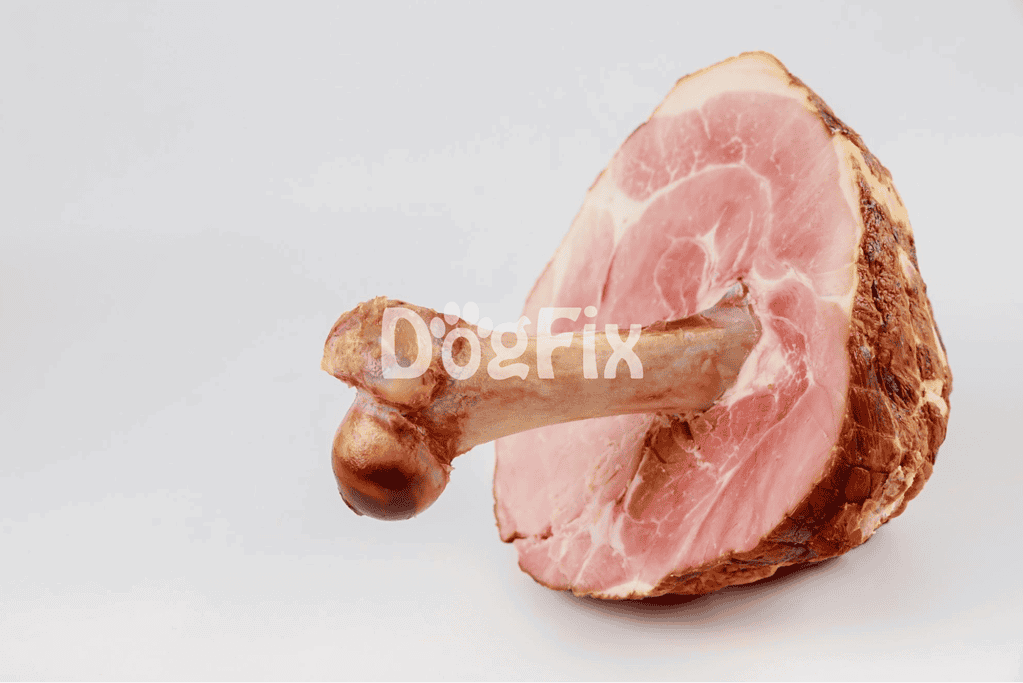Pet-friendly ham bone for dogs, high-quality meat, safe for pet consumption.