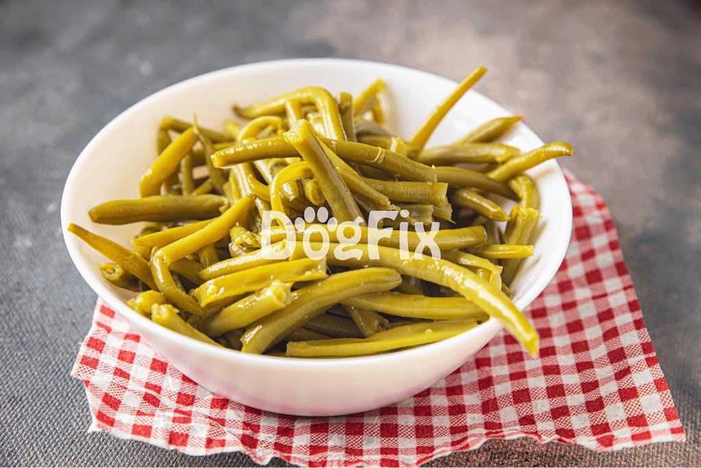Healthy dog-friendly steamed green beans in a white bowl on a red checkered cloth.